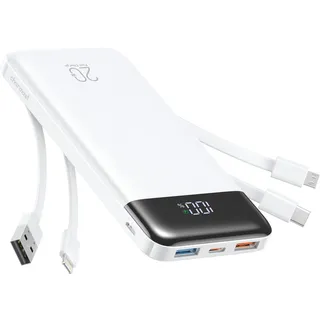 Charmast Externer Akku, 20.000 mAh, 22,5 W Power Bank, Schnellladung mit integrierten Kabeln, 6 Ausgängen und 4 Eingängen, für iPhone 17, 16, 15, 14, Samsung S21, S22, Weiß