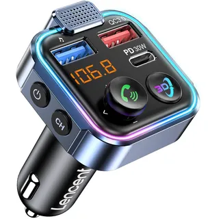 LENCENT 5.3 Bluetooth Adapter Auto, 48W FM Transmitter Auto Bluetooth | mit Typ-C PD 30W+ QC3.0 Fast USB Ladegerät, Freisprecheinrichtung, Audio Stereo Mp3 Player, Unterstützt U Disk, Farblicht