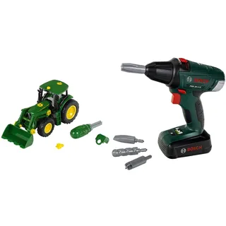 Theo Klein 3903 John Deere Traktor | Mit Frontlader und Gegengewicht ab 3 Jahren & 8567 Bosch Akkuschrauber | Mit rotierenden und auswechselbaren Aufsätzen | Inkl. Licht und Sound ab 3 Jahren
