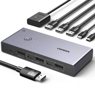 UGREEN Displayport KVM Switch 8K@60Hz, DP 1.4 mit 4 USB 3.0 Ports Unterstützt 8K@60Hz 4K@240Hz Share 1 Monitor Tastatur Maus U-Disk Drucker, mit 2 DP Kabeln, 2 USB A zu C Kabeln