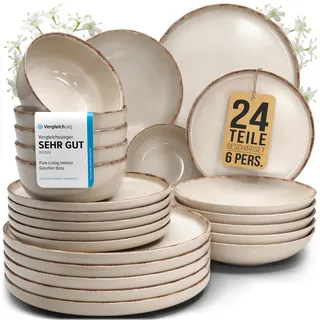 PURE LIVING INTERIOR DESIGN Rustic Steingut Geschirrset 24-tlg. für 6 Personen beige