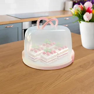 3 Pagen® Rosa Kuchen Transportbox, Kuchenbehälter rund, Torten Transport Box mit Haube & Griff, Frischebox mit Deckel spülmaschinenfest, Kuchenbehälter mit Tragegriff, Ø 28 cm, H18 cm, Kunststoff