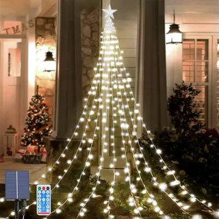 Micacorn Solar Lichterkette Aussen, LED Wasserfall Lichterkette Stern 2M 9 Stränge 198 LED Lichterkette Weihnachtsbaum mit Topper Stern 8 Modi Wasserdichte Lichterkette für Garten Hochzeitsdekoration