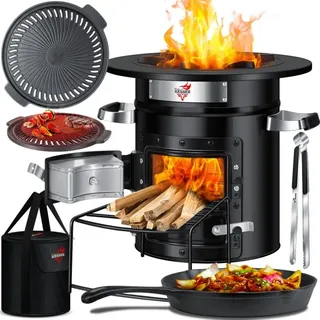 Kesser Raketenofen Inkl. Grillpfanne aus Gusseisen mit Tragetasche Dutch Oven bbq Rakete Holzofen Camping Campingkocher Campinggrill Edelstahl Schwarz inkl.