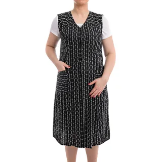 Tobeni Damen Kittelschürze Knopf-Kittel lang in 100% Baumwolle ohne Arm mit Taschen Farbe Schwarz - Weiss - Design1 Grösse 42 - 42