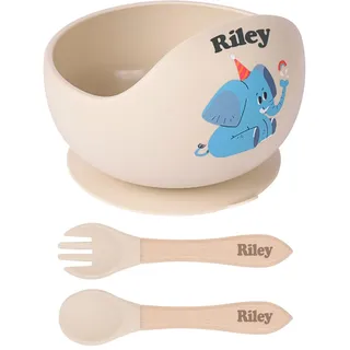 TYRY.HU Kindergeschirr Set mit Namen,Baby Silikon Geschirrset,Einschließen Babyschüsseln mit Saugnapf Löffel und Gabel Fütterung,Entwöhnungszubehör für Kleinkinder Babyfütterungsset