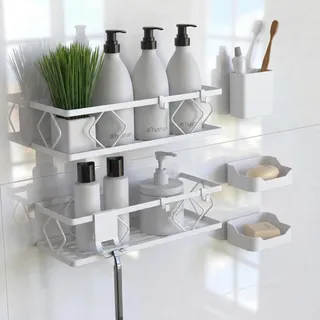husman® Duschablage-Set ohne Bohren | Weiß | 10-teilig mit Ablaufrillen | Kleben statt Bohren | Duschkorb Wandregal Duschregal Badregal Deko Badezimmer Organizer Regal für Bad & Küche
