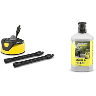 Kärcher Flächenreiniger T-Racer T 5 (Spritzwasserschutz, für große Flächen, zwei Flachstrahldüsen, Handgriff für senkrechtes arbeiten) & Stein- und Fassadenreiniger 3-in-1 (1 l)