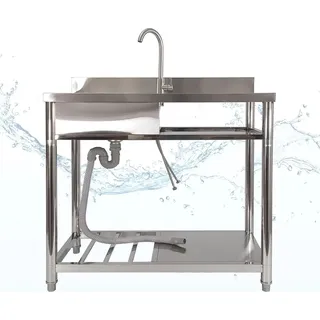 Lemodo Spültisch freistehend, Wasserhahn mit Kalt Warm Anschluss, Spülbecken Größe L - Silber