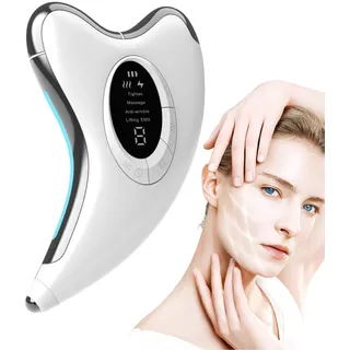 EMS Gua Sha Elektrisch, Gesichtsmassagegerät mit Wärme & Vibration & LED Blau/Gelb/Rot Licht, 4 Modi 9 Intensitätsstufen Massager Gerät Für Gesicht Hals Anti Falten, Anti Aging, Face Lifting