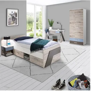 Lomadox Jugendzimmer Set mit 90x200 cm bett 4-teilig mit Kleiderschrank leeds-10 in Sandeiche Nb. mit weiß Lava und Denim Blau
