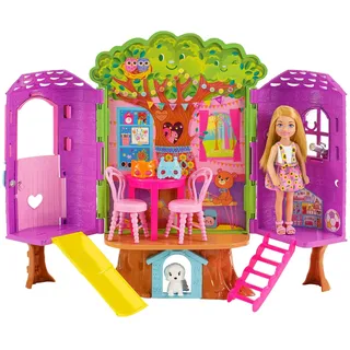 Barbie - Chelsea-Puppe und Baumhaus-Spielset mit Hündchen mit Möbeln, Rutsche und mehr als 10 Zubehörteile für endlosen kreativen Spielspaß, für Kinder ab 3 Jahren, HPL70