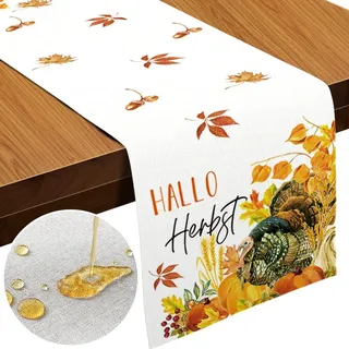 Cirzone wasserdichte Tischläufer Herbst 40 x 140 cm Ahornblatt und Thanksgiving Truthahn Herbst DekoTisch Herbst Dekoration für Urlaub Party Drinnen und Draußen