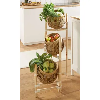 Holz Korb Ständer + 3 Körbe aus Polyrattan, Etagere, Obst Gemüse Ordnungs Regal