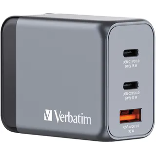 Verbatim 32201 GaN-Ladegerät 65W mit 3 Anschlüssen grau QC 3.0 Power Delivery 3.0