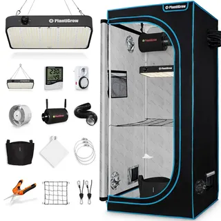 plantigrow Growbox Komplettset 150W LED Vollspektrum Dimmbar, Carbon-Filter, Ventilator, 60 x 60 x 180 cm Schwarz