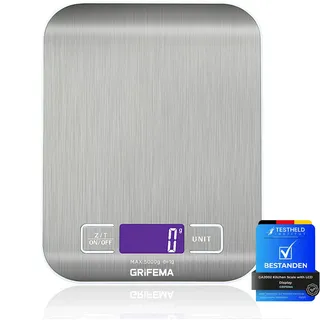GRIFEMA Küchenwaage 1-5000g, LCD-Tara, 6 Einheiten, Auto-Off, Edelstahl