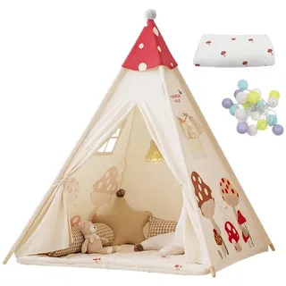 SEHAUSEU Spielzelt Tipi-Zelt Kinderzelt Spielhaus mit Bodenmatte und Lichterkette rot