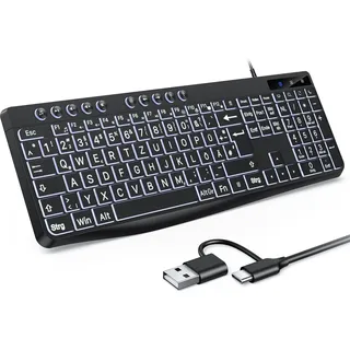OMOTON Beleuchtete Tastatur, Kabel PC Tastatur, QWERTZ Weiß Beleuchtet mit großem Druck, 2 in 1 USB A/C- Für Senioren, Kinder, Sehbehinderte für Windows mit Multimedia-Tasten