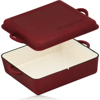 Mahlzeit Gusseisen Bräter emailliert 10,5 Liter Raue Oberfläche Dark Cherry | Mit Bratpfanne