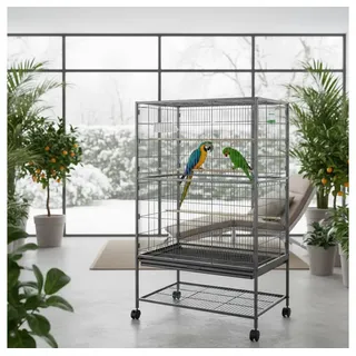 Feel2Home Voliere Vogelvoliere Metall auf Rollen mit Schublade 78x52x131 cm Grau, mit Sitzstangen, Futternapf, Vogeltränke und Schmutzwanneneinsatz grau