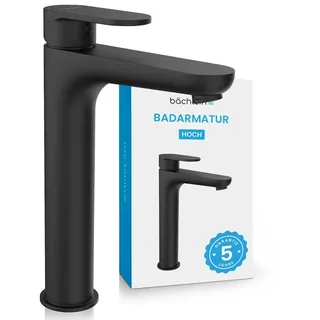 Bächlein Badarmatur Keila hoch in klassischem Design, extra hoher Einhebelmischer für Aufsatzwaschbecken mit Montage-Set, Bad Wasserhahn Matt Schwarz