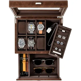 TAWBURY Uhrenbox für 6 Uhren - Multifunktionales Schmuckkästchen für Herren | Brillen und Uhrenaufbewahrung | Schmuckaufbewahrung (Braun)