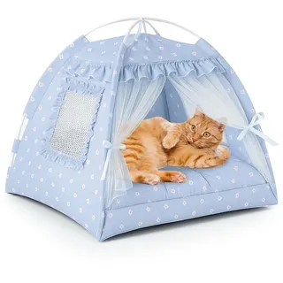 VINGVO Hundezelt, Tipi-Zelt für Tiere, Haus, Hund, Haustiere, Zelt mit waschbarem Kissen, Katzenhaus für den Innenbereich, Haus für Katzen (blaue Spitze, M)