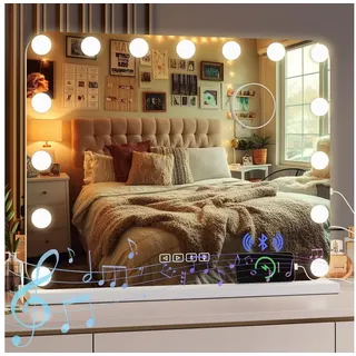 mamizo Bluetooth Schminkspiegel mit Beleuchtung,Hollywood Spiegel mit Licht,58x46cm,15 LED, Dimmbare,3 Lichtfarben, USB,10x Lupe, Kosmetikspiegel, Wandspiegel,Tischspiegel,Make up Spiegel,Weiß