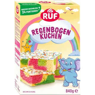 RUF Regenbogen-Kuchen Backmischung, Blechkuchen bunt mit Glasur & Streuseln | Inklusive 2 Lebensmittelfarben für den Teig, einfache Zubereitung nur Eier & Speiseöl dazugeben, für 24 Stück Rainbow Cake
