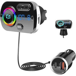 Bluetooth 5.3 FM Transmitter, SONRU Bluetooth Adapter Auto mit Freisprechanlage, [30W PD & 18W QC3.0] Schnelles Autoladegerät mit LED Farblicht Unterstützungs Aux Ausgang und TF Karte