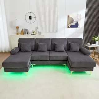 LVHOM U-Form Ecksofa mit Schlaffunktion & LED-Beleuchtung, Wohnzimmersofa mit USB-Anschluss, Cord Stoff Couch Sofa, Grau - Grau