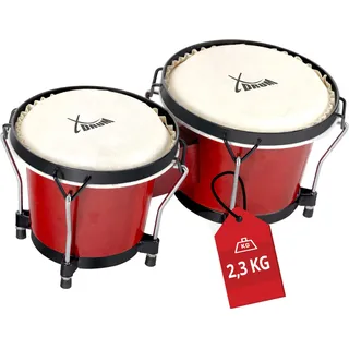 XDrum Bongos Club - 2 Trommeln mit 6" und 7" - Bongotrommeln mit stimmbaren Naturfellen und Stimmschlüssel - Holztrommeln Weinrot