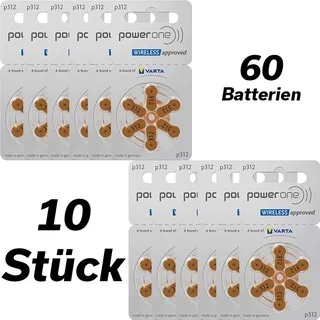 Varta Power one Hörgerätebatterien Typ 312 braun, Batterien 60 Stück Vorratspack, wireless approved, Größe p312 für Hörgeräte und Hörhilfen, hig...