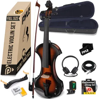 Pyle Audio Pyle E Geige, 4/4 Elektrische Violine aus Massivem Holz, Electric Stille Violine in Volle Größe mit Kopfhörer, Extra Saiten Set, Bogen, Audiokabel, Schulterstütze, für Anfänger und Fortgeschrittene