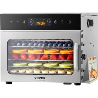 Vevor Dörrgerät Dörrautomat 6 Edelstahlschalen, elektrischer 400 W Futtertrockner mit einstellbarer Temperatur, Gefriertrockner für Trockenfleisch Fleisch Obst Gemüse Kräuter Hundeleckerlis