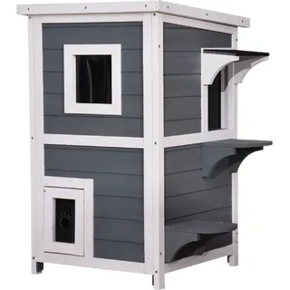 MCombo Lovupet Katzenhaus Katzenvilla Katzenhütte 2 Etagen Wetterfest 0508EY - Grau,