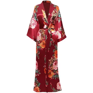 BABEYOND Damen Morgenmantel Maxi Lang Satin Sommer Kimono Blumen Muster Gedruckt Bademantel Kimono Strickjacke Damen Lange Robe Blumen Schlafmantel Girl Pajama Party - Einheitsgröße