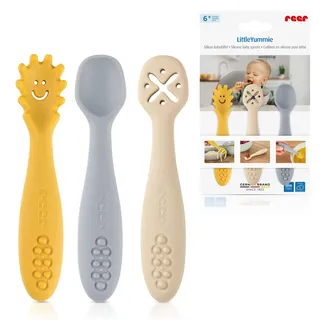 Reer 23072 Kleinkind-Besteck Beige, Blau, Gelb Silikon Babylöffel Little Yummie mit verschiedene Strkturen, Anti-Rutschnoppen | ergonomischer Griff | Lernbesteck/Lernlöffel | Baby Besteckset | 100% lebensmittelechtes Silikon
