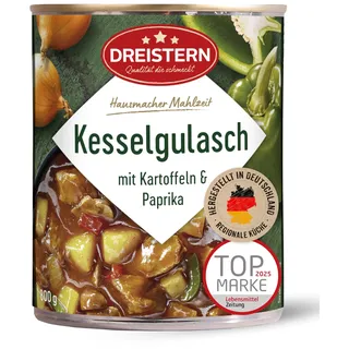 DREISTERN Kesselgulasch 800g I Mit Kartoffeln & Paprika I Herzhaftes Fertiggericht in recyclebarer Konservendose I Lange Haltbarkeit dank natürlicher Konservierung I Hausmacher Qualität