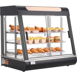 Vevor 3-stöckige Wärmetheke 100 L, Warmhaltevitrine 1200 W, Warmhaltetheke 30–85 °C, Speisenwärmer mit LED-Beleuchtung & Verstellbaren Ablagen, Speisevitrine für Hamburger Pizza Brot Brathähnchen