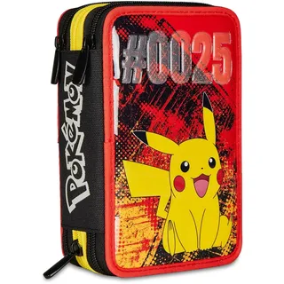 Seven Federmäppchen, Mäppchen, Pokemon Pikachu - Federtasche für Schreibwaren, Etui komplett mit Bleistiften, Filzstiften, Schulmaterial, mit 3 Fächern, Mädchen, Schule - Grundschule, XXL
