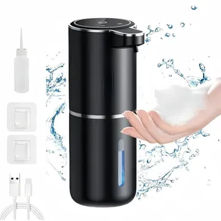 Seifenspender Automatisch mit Sensor Infrarot, 380ml, 4 Stufen einstellbar, Elektrischer Seifenspender, USB-Aufladung, IPX5 Wasserdicht, Schwarz