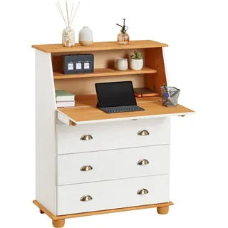 Idimex Sekretär Gomes aus Massivholz, Weiß/Braun - Schreibsekretär mit Klappe und Schubladen mit Muschelgriffen, Kiefer Massivholz, Landhausstil für B... - Weiß