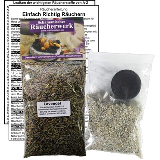 Lavendel (echter) Lavendelblüten zum RÄUCHERN. 5-TLG Räucherset - 120ml Räucherwerk mit Räucherkohle (1x) + Räuchersand + Räucheranleitung + Lexikon der wichtigsten Räucherstoffe A-Z. 82060-44