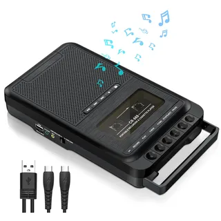 Tragbarer Kassettenspieler Kassettenrekorder,Aufnahme auf Kassetten/USB/SD-Karte über Mikrofon, Kassette zu MP3-Musik über USB/SD-Karte/PC, Kassettenrekorder mit ausziehbarem Griff (Schwarz)