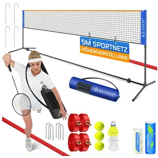 Kesser Badmintonnetz, Tennisnetz 300cm 400cm 500 cm Federballnetz 3-Fach-Höhenverstellbar, Set bestehend aus Netz, 3x Federball & Outdoor