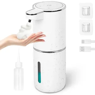 380ml Seifenspender Automatisch Wand Ohne Bohren, Wasserdicht Elektrischer Seifenspender mit Sensor Infrarot, USB Wiederaufladbar Schaumseifenspender No Touch für Bad, Küche, Büro