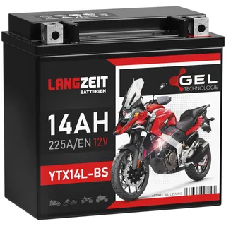 LANGZEIT YTX14L-BS Motorradbatterie 12V 14Ah 225A/EN HVT-03 GEL Batterie 12V 51216 HVT-3 doppelte Lebensdauer vorgeladen auslaufsicher wartungsfrei