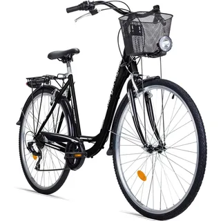 Bergsteiger Florenz 28 Zoll Damenfahrrad, ab 160 cm, Korb, Fahrrad-Licht, Shimano 7 Gang-Schaltung, Standlichtfunktion, Damen-Citybike, Damenrad im... - Schwarz